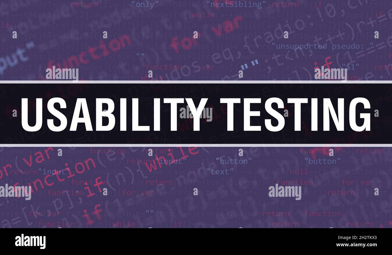Concetto DI TEST DI USABILITÀ con parti casuali del codice programma. TEST DI USABILITÀ con programmazione codice astratto tecnologia background del software develo Foto Stock