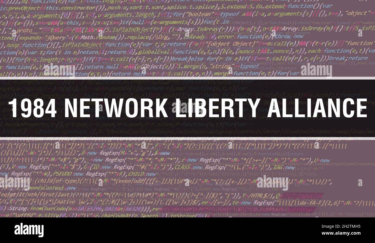 1984 Network Liberty Alliance con testo in codice Java digitale. 1984 Network Liberty Alliance e concetto di vettore di codifica software per computer. Programmazione codi Foto Stock