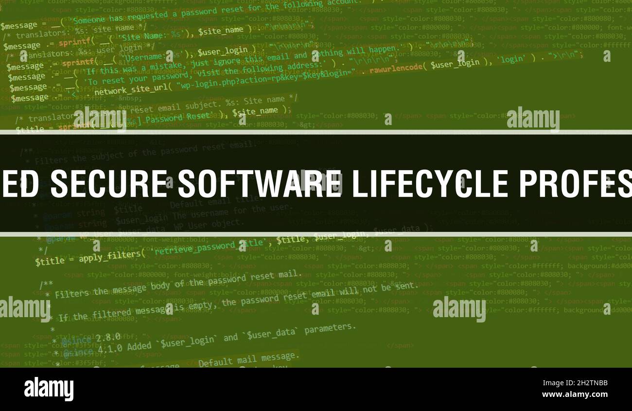 Illustrazione del concetto Certified Secure Software Lifecycle Professional che utilizza il codice per lo sviluppo di programmi e app. Secure Software Lifecycle certificato Foto Stock