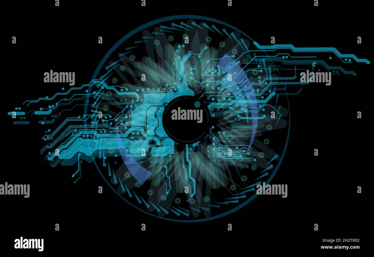 Techno eye con schema della scheda madre isolato su sfondo nero. Illustrazione vettoriale EPS10 a livelli. Modello per la progettazione della tecnologia di informazione. Illustrazione Vettoriale
