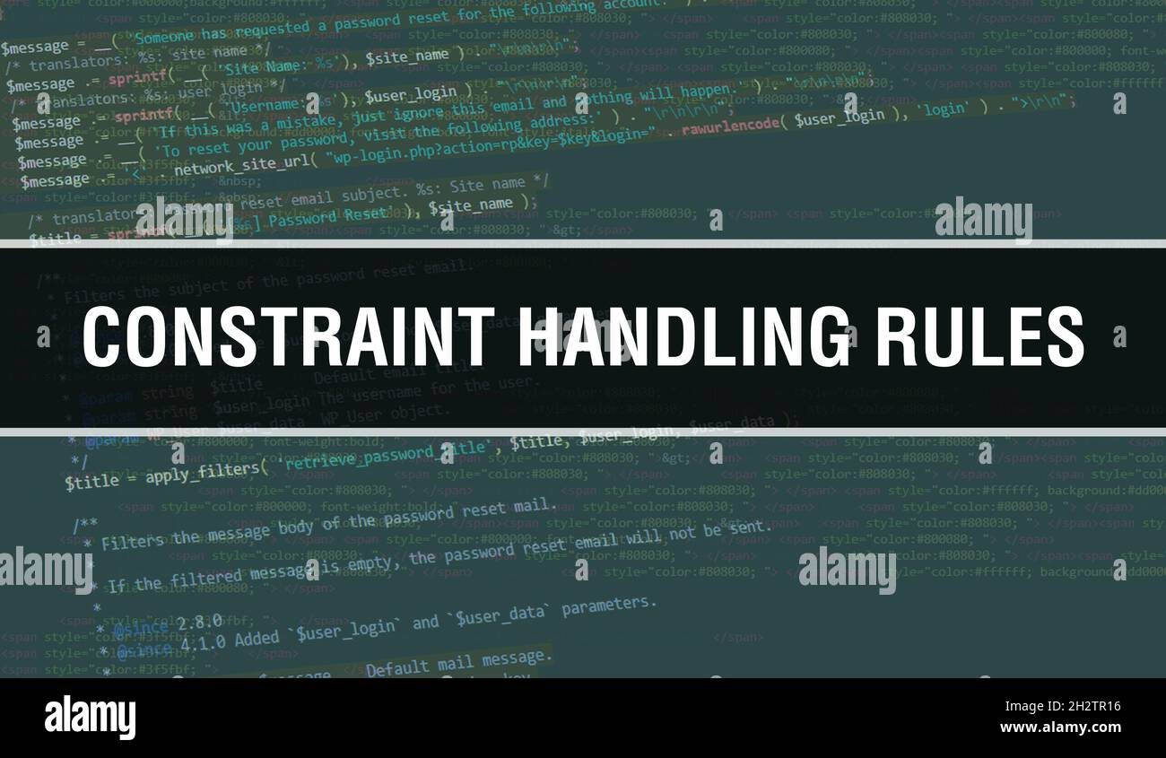 Concetto di regole di gestione dei vincoli con parti casuali del codice programma. Regole per la gestione dei vincoli con codice di programmazione in background della tecnologia astratta di Foto Stock