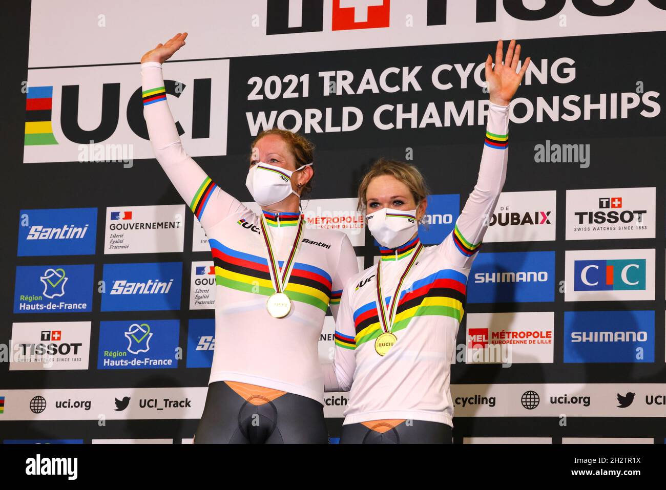 Madison Women vittoria campione del mondo Nederland durante il Tissot UCI Track Cycling World Championships 2021 il 23 ottobre 2021 allo Stab Velodrome di Roubaix, Francia - Foto: Laurent Sanson/DPPI/LiveMedia Foto Stock
