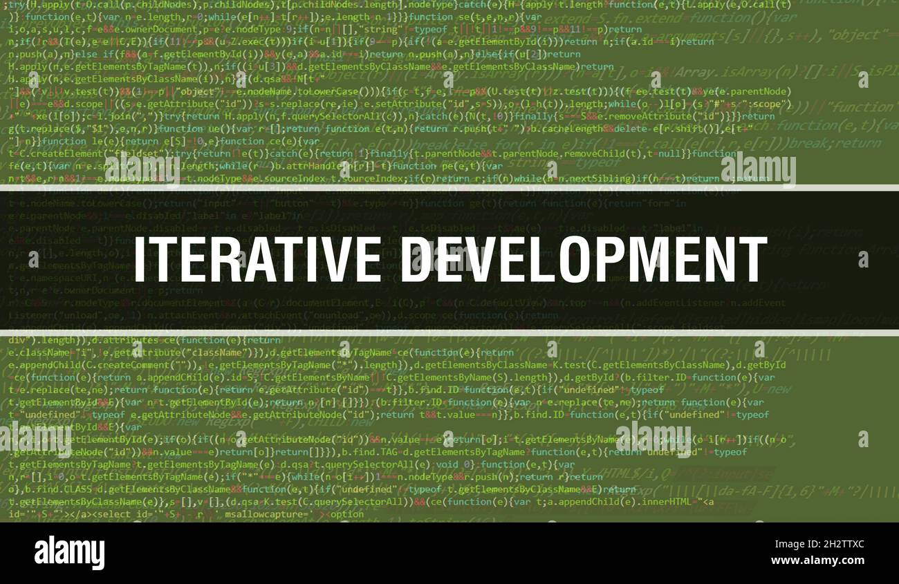 Concetto di sviluppo iterativo con parti casuali del codice di programma. Sviluppo iterativo con codice di programmazione tecnologia astratta background di softwar Foto Stock