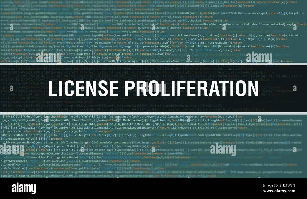 Proliferazione delle licenze con background tecnologico digitale di codice binario. Background astratto con codice di programma e proliferazione delle licenze. Programmazione e. Foto Stock