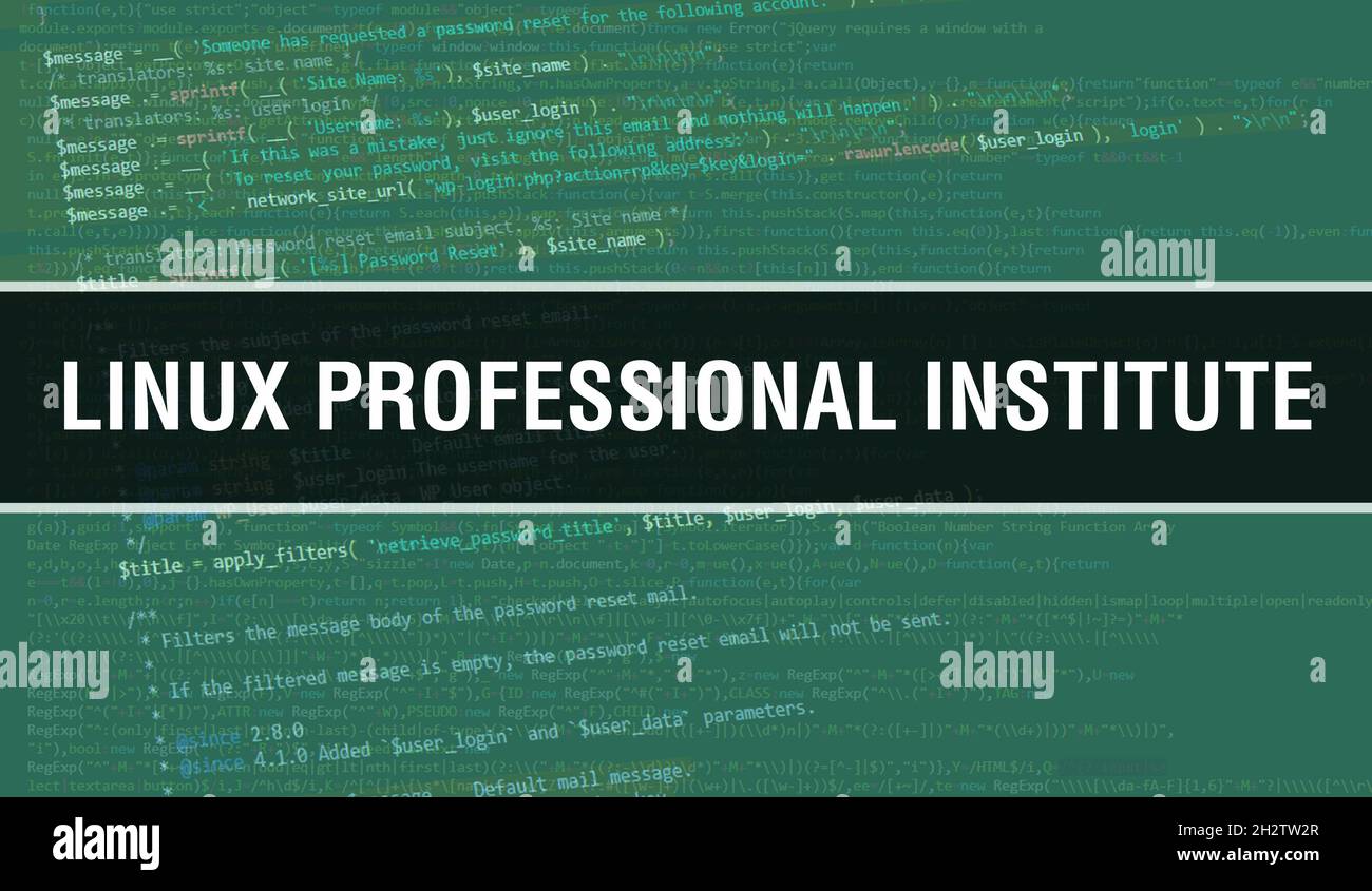 Illustrazione del concetto di Linux Professional Institute utilizzando il codice per lo sviluppo di programmi e app. Codice sito web Linux Professional Institute con colorato Foto Stock