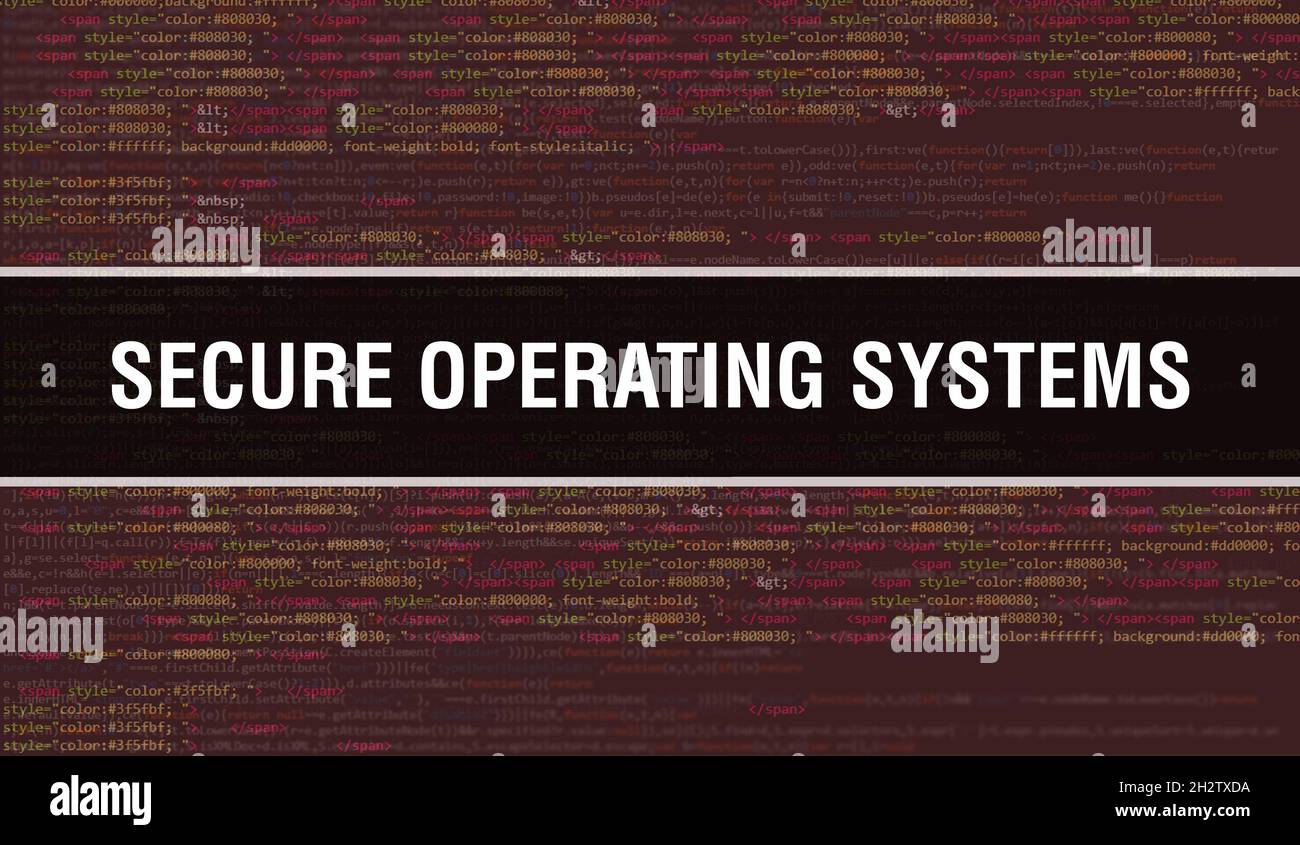 Concetto di sistemi operativi sicuri con parti casuali del codice di programma.sistema operativo sicuro testo scritto sul codice di programmazione astratto tecnologia backg Foto Stock
