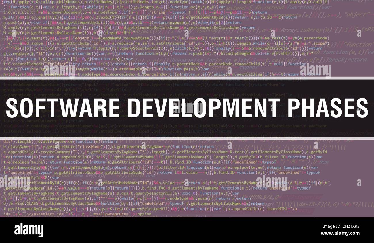 Concetto delle fasi di sviluppo del software con parti casuali del codice del programma. Fasi di sviluppo software con programmazione codice astratto tecnologia backgroun Foto Stock