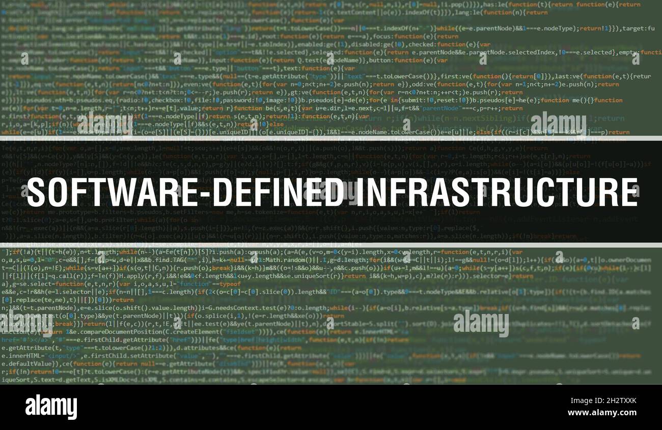 Infrastruttura definita tramite software con testo del codice Java digitale. Infrastruttura definita tramite software e concetto vettoriale di codifica software. Programmazione Foto Stock