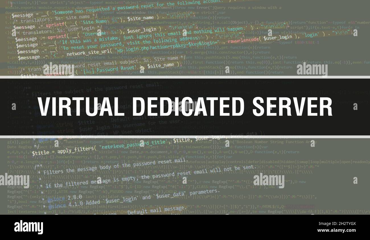 illustrazione del concetto di server dedicato virtuale che utilizza il codice per lo sviluppo di programmi e app. codice del sito web del server dedicato virtuale con tag colorati Foto Stock