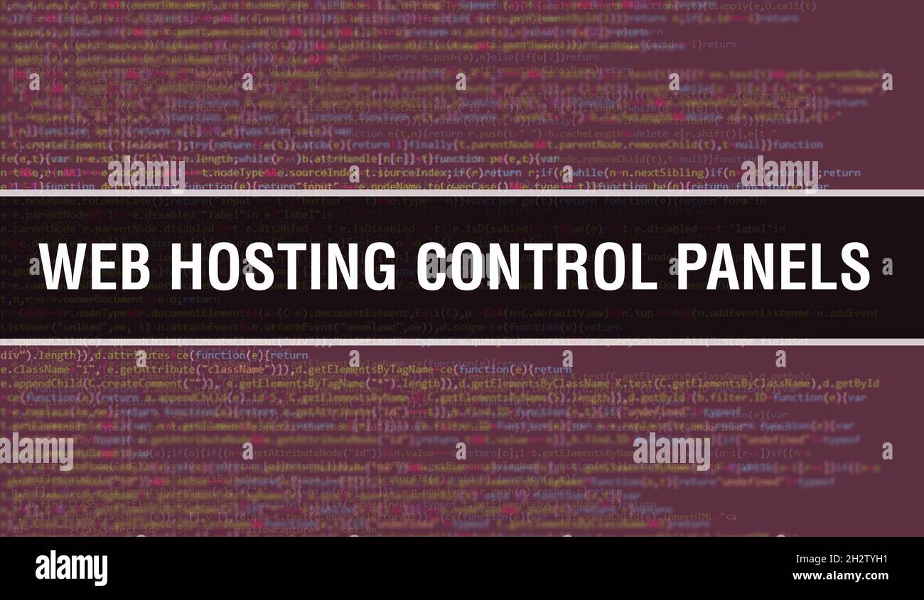 Pannelli di controllo Web hosting con testo del codice Java digitale. Web hosting pannelli di controllo e software di computer codifica vettore concetto. Programmazione dei codici Foto Stock