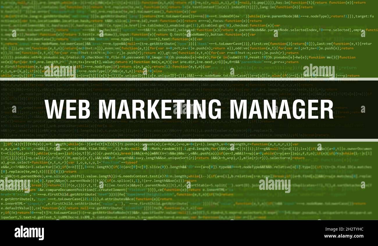 Web Marketing Manager con background tecnologico digitale di codice binario. Background astratto con codice programma e Web Marketing Manager. Programmazione e. Foto Stock