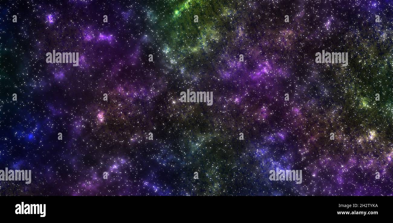 Illustrazione di Spacescape, sfondo grafico astronomico con nebulosa viola e stelle marine nel profondo universo. Foto Stock