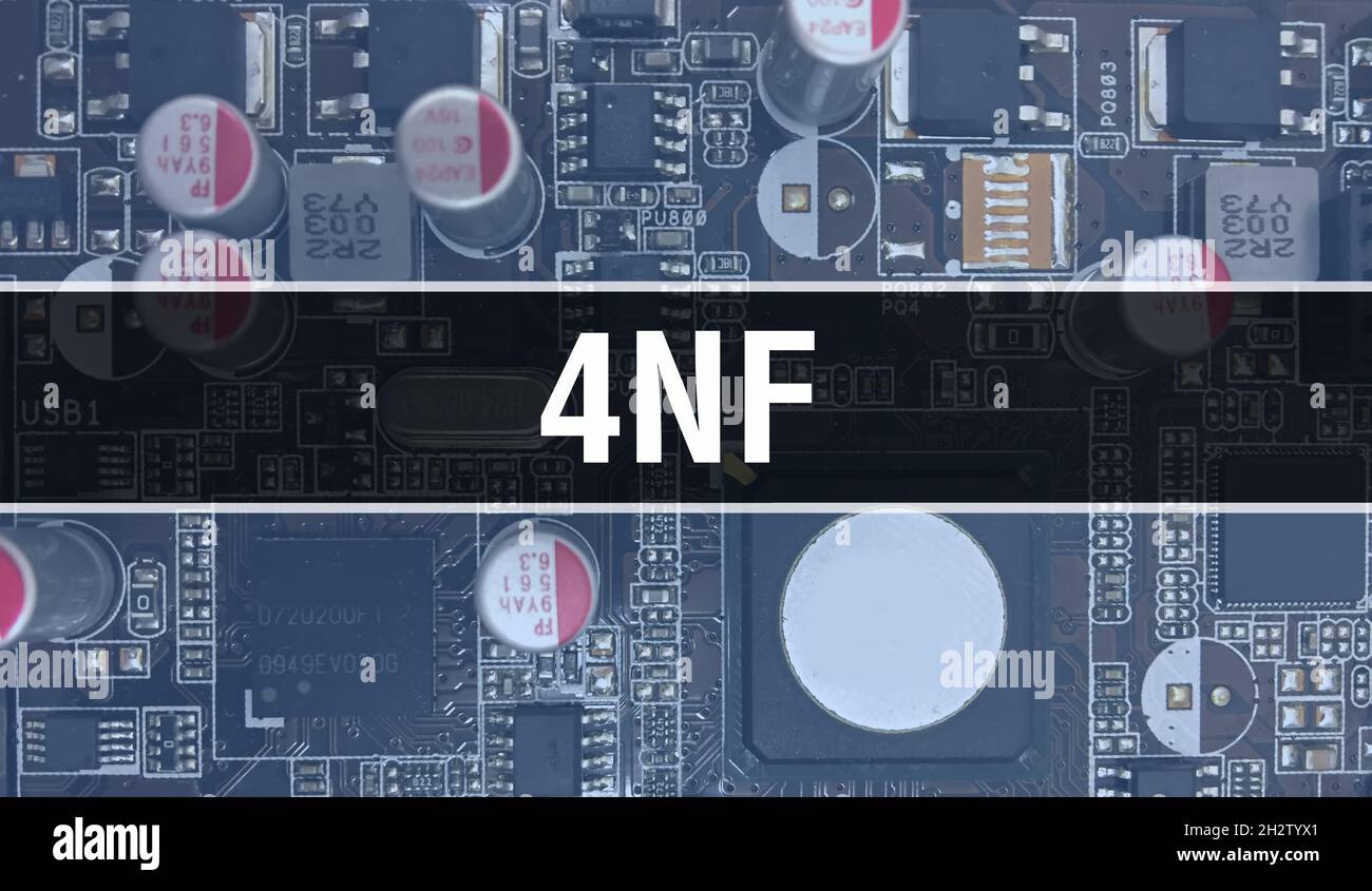 4NF con scheda madre digitale. 4NF e scheda a circuito stampato per computer tecnologia elettronica hardware scheda madre concetto di chip digitale. Clos Foto Stock