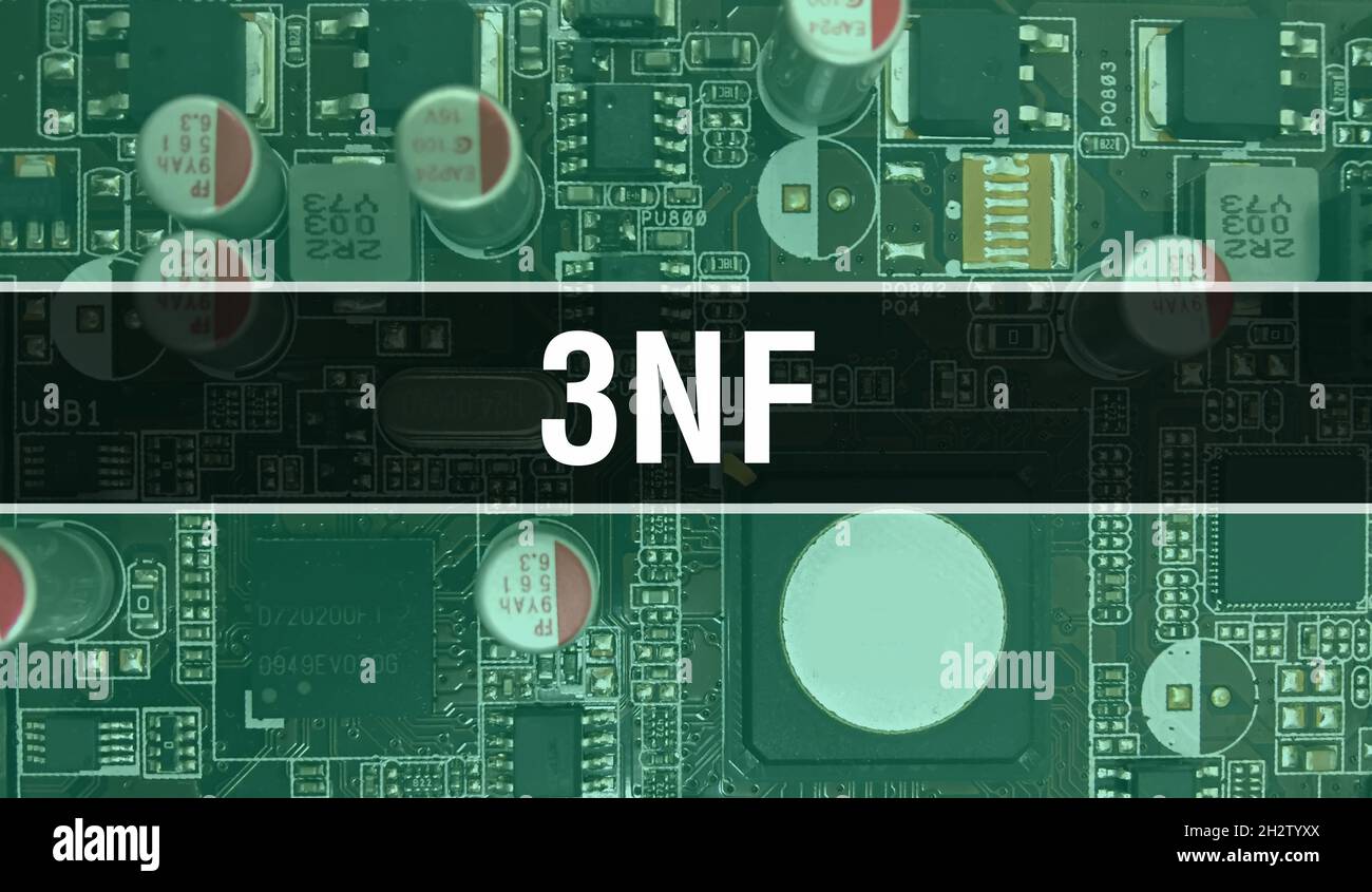 3NF con scheda madre digitale. 3NF e scheda a circuito stampato per computer tecnologia elettronica hardware scheda madre concetto di chip digitale. Clos Foto Stock