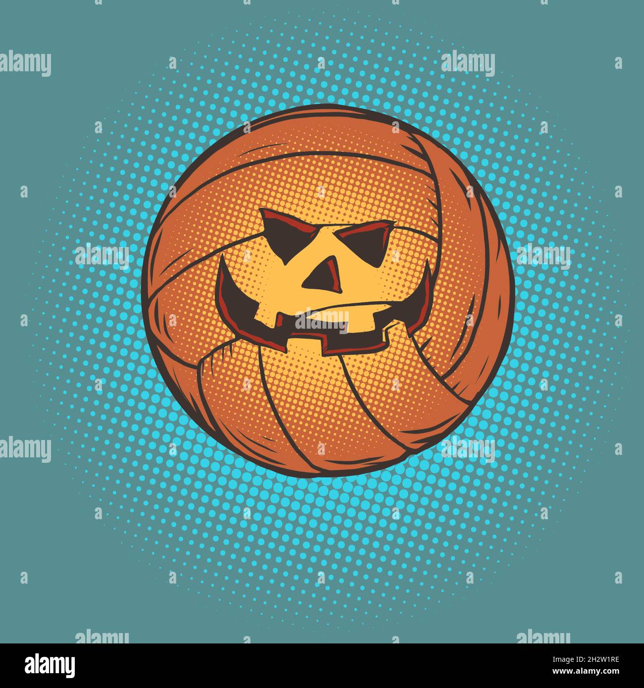 pallavolo sulla faccia di zucca di halloween, articoli sportivi Illustrazione Vettoriale