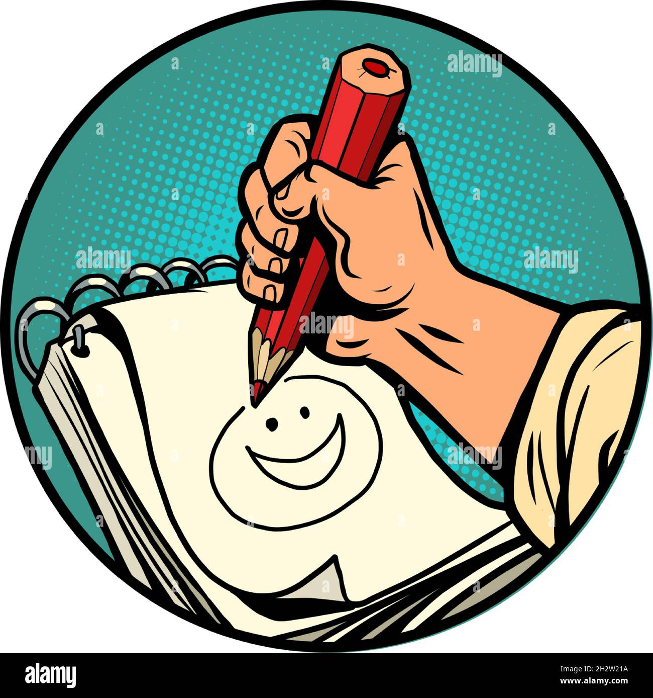 L'artista disegna un volto sorridente con una matita. Schizzo in blocco note Illustrazione Vettoriale