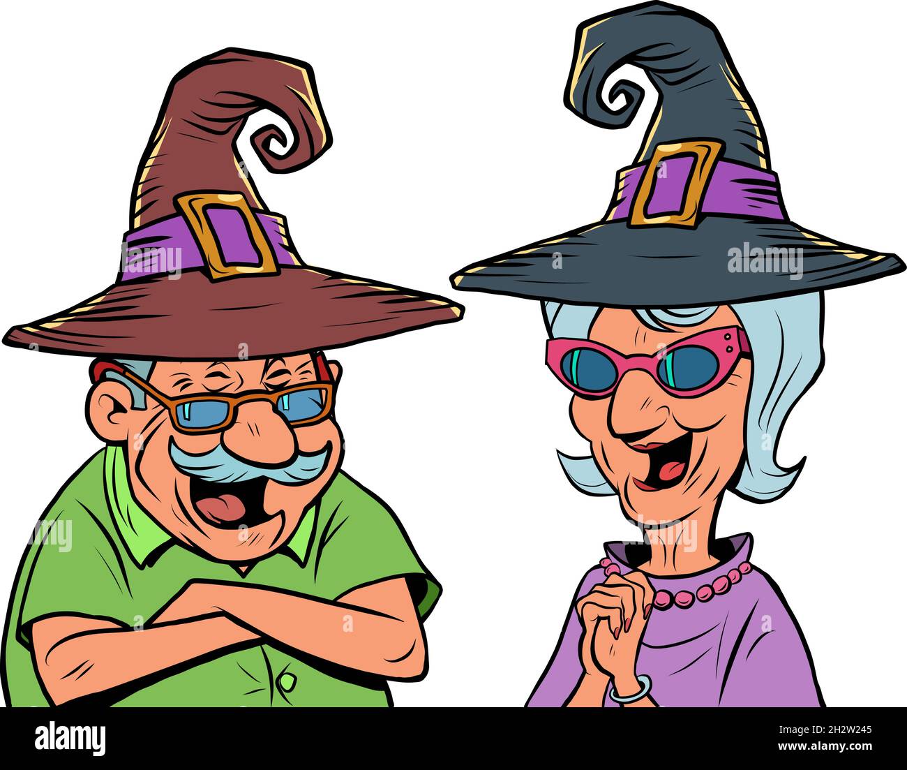 Un vecchio uomo e una coppia di donne anziane in Halloween cappelli ridere. Amore e amicizia Illustrazione Vettoriale