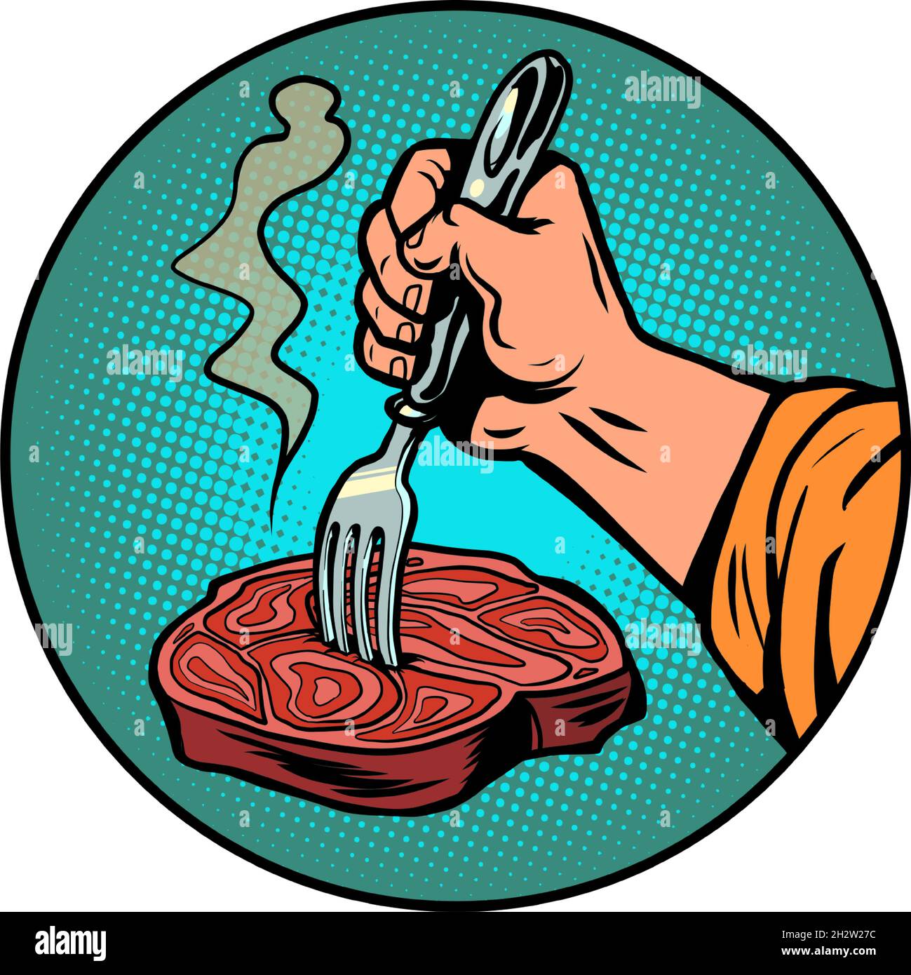 una forchetta in una bistecca di carne. Il piatto finito. Cibo rustico Illustrazione Vettoriale