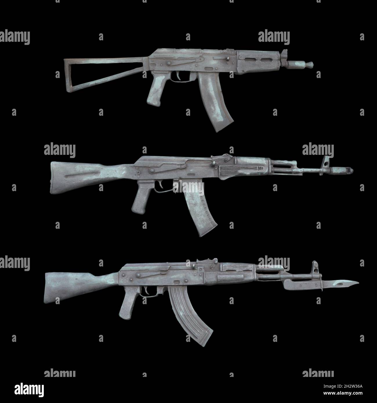 Opzioni per i fucili d'assalto Kalashnikov. Barillef isolato su sfondo nero. Foto Stock