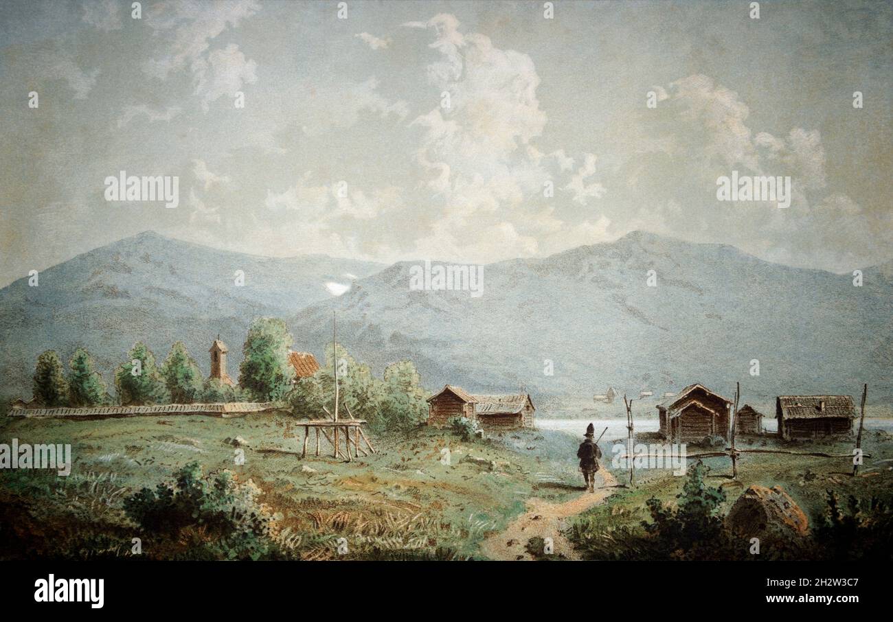 Una vista estiva della zona di Gellivare con gente Sami, edifici in legno e un lago. Un'immagine da 1866. Lapponia, Europa. Una collezione privata. Foto Stock