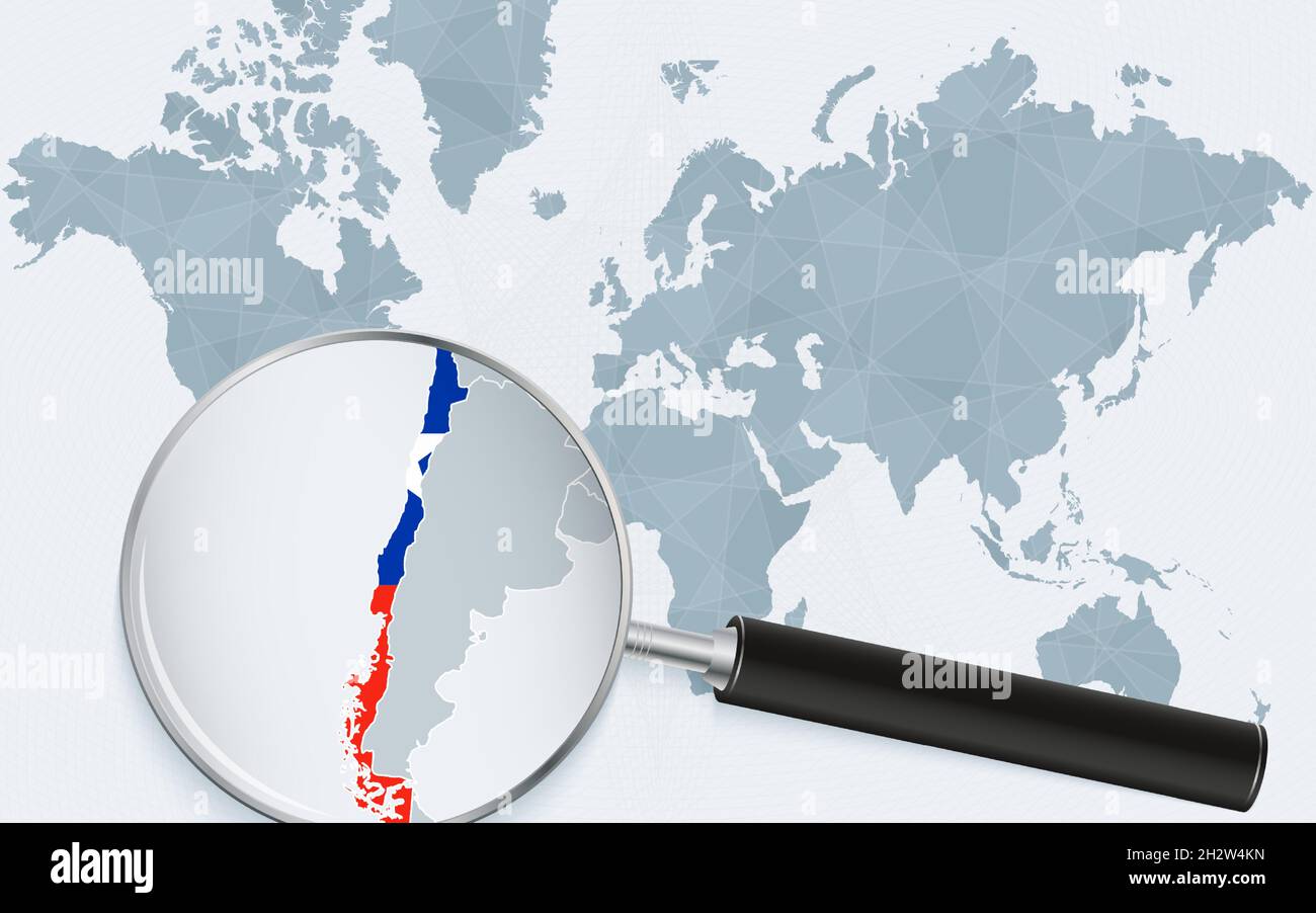Mappa del mondo con una lente d'ingrandimento che punta al Cile. Mappa del Cile con la bandiera nel ciclo. Illustrazione vettoriale. Illustrazione Vettoriale
