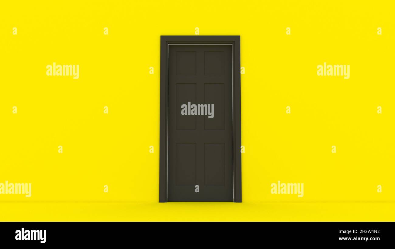 Parete gialla porta nera aperta vuota mockup interno camera architettura concetto 3d rendering Foto Stock