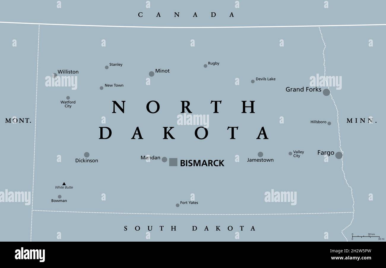 North Dakota, ND, mappa politica grigia, con capitale Bismarck. Stato nella subregione del Midwest superiore degli Stati Uniti d'America, Peace Garden state. Foto Stock
