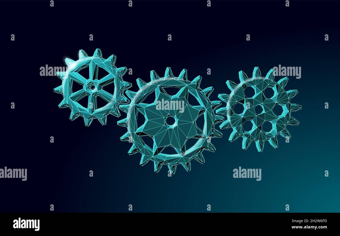 3D Gears Work Progress Concept. Lavoro di squadra per l'ingegneria dei meccanismi dell'industria delle ruote. Analisi dei dati del motore aziendale COG. Vettore di coaching problema creativo Illustrazione Vettoriale