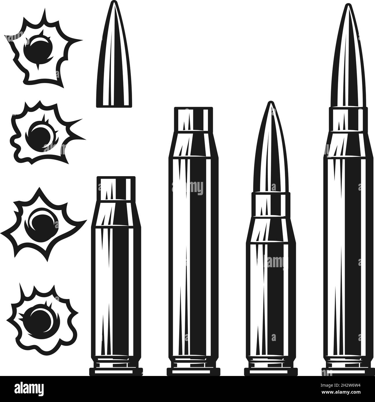 Set di pallottole di fucili d'assalto in stile monocromatico vintage. Set di fori bullet. Elemento di design per logo, etichetta, cartello, emblema, poster. Vettore illustrati Illustrazione Vettoriale