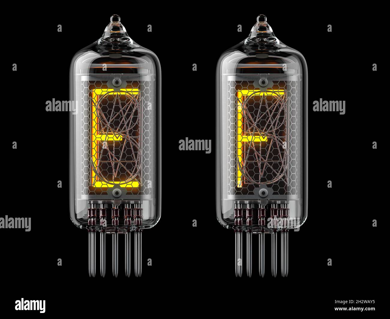 Indicatore tubo Nixie. Lettere e e f su sfondo nero. illustrazione 3d Foto Stock
