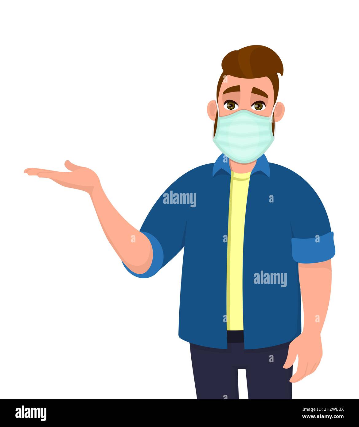 Giovane uomo hipster che copre il viso con maschera medica e la mano di presentazione per copiare spazio. Persona che indossa la protezione igienica del viso e introduzione. Illustrazione Vettoriale