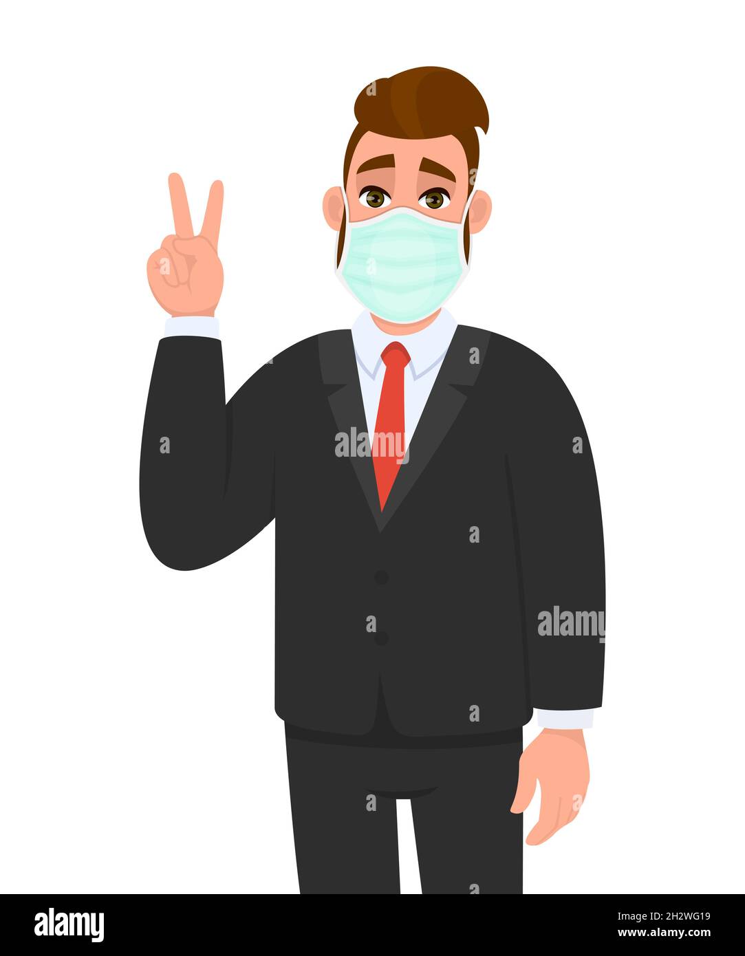 Giovane uomo d'affari con maschera medica e mostrando vittoria, segno di pace. Hipster alla moda che copre la protezione del viso e il simbolo della mano gesturing. Illustrazione Vettoriale