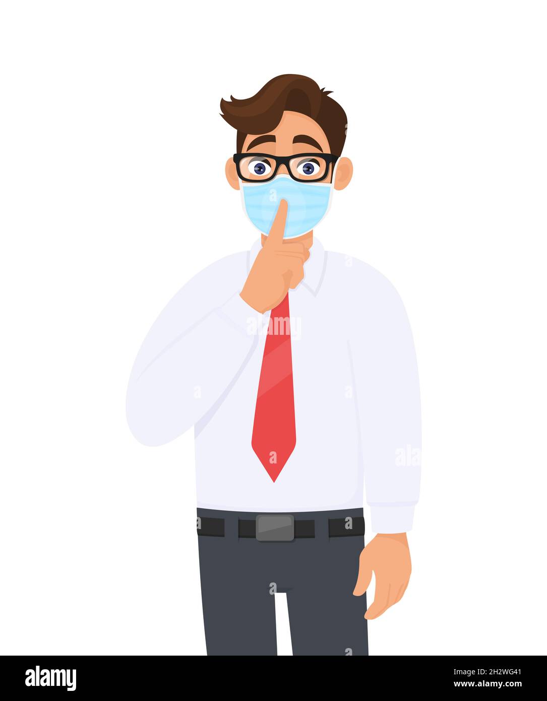 Giovane uomo d'affari con maschera medica faccia e chiedere silenzio per favore. Tenersi in silenzio. Persona alla moda che copre la maschera chirurgica e gesturando il dito sulle labbra. Illustrazione Vettoriale