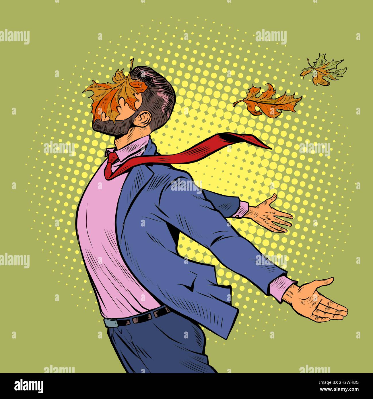 un uomo gioioso in autunno foglie di acero si alza nel vento, aprì le mani agli elementi Illustrazione Vettoriale