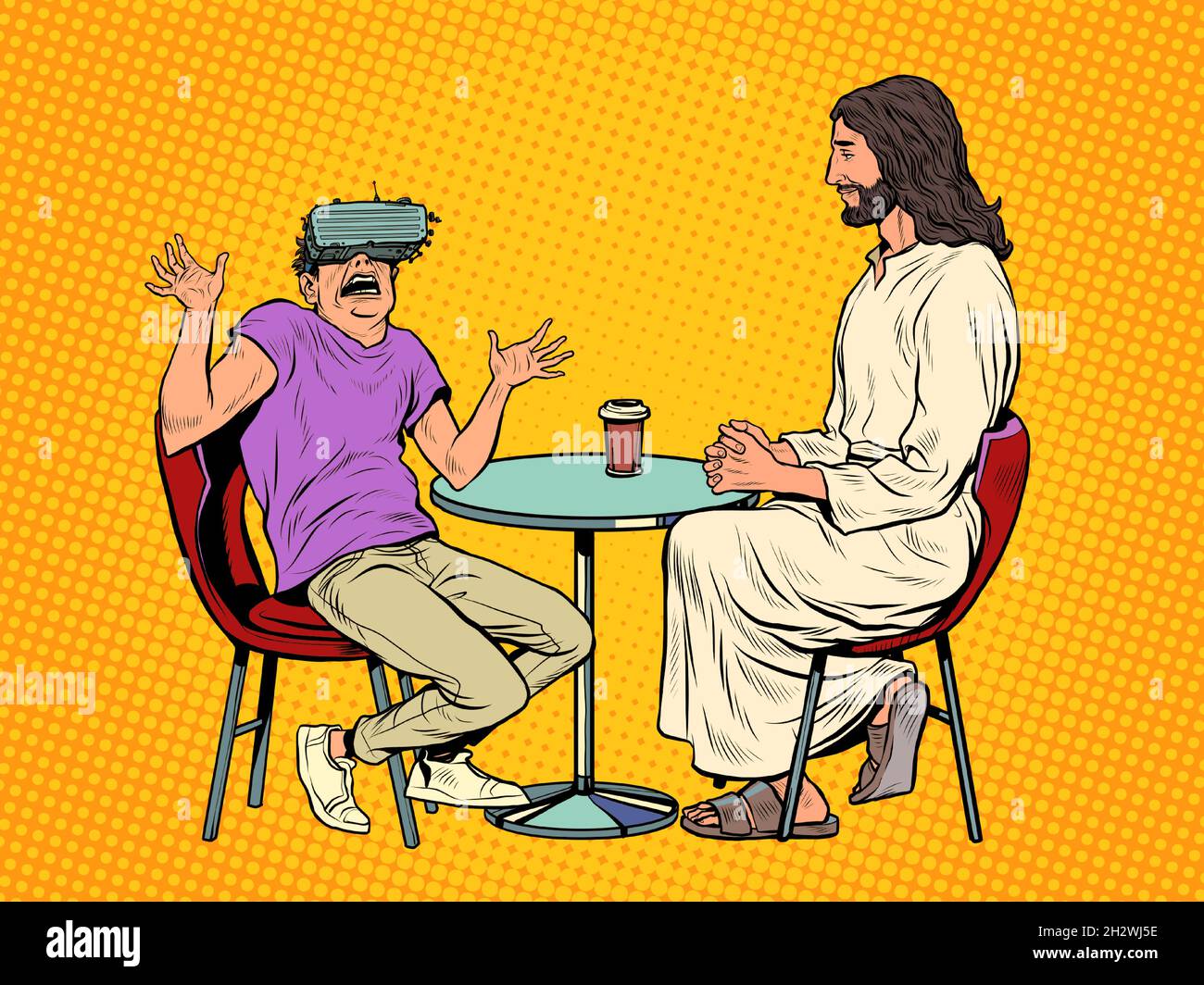 Un giovane uomo in occhiali di realtà virtuale e Gesù accanto a lui. Religione e vita virtuale Illustrazione Vettoriale