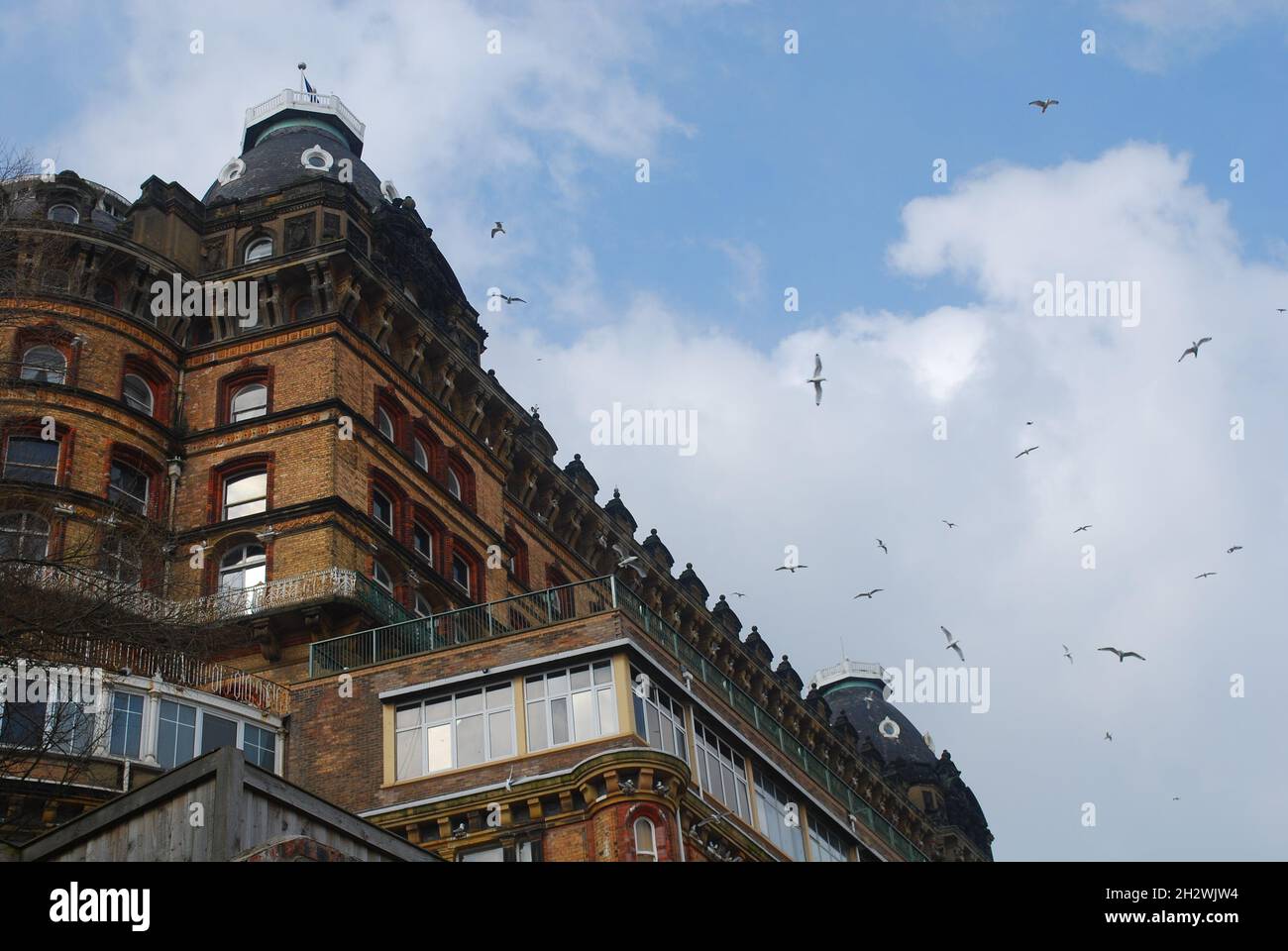 Si affaccia sul Grand Hotel di Scarborough, con uccelli che volano nel cielo Foto Stock