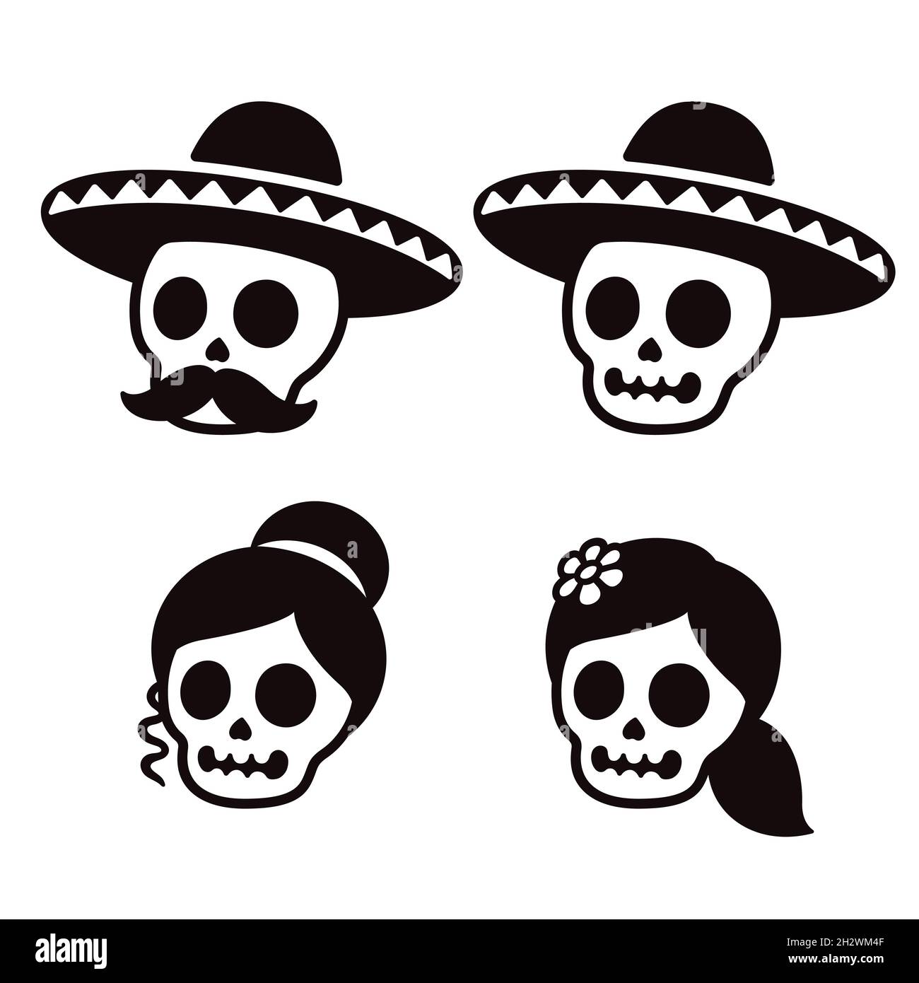 Cartoon dia de los Muertos (giorno dei morti) insieme della famiglia del cranio messicano. Teschi maschi in sombrero con baffi e femmine. Semplice vettore bianco e nero Illustrazione Vettoriale
