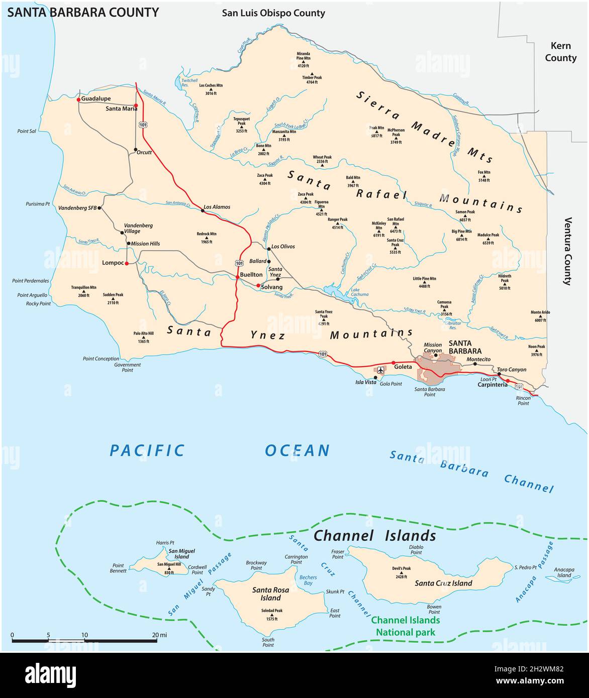 Mappa stradale vettoriale della California Santa Barbara County, Stati Uniti Illustrazione Vettoriale