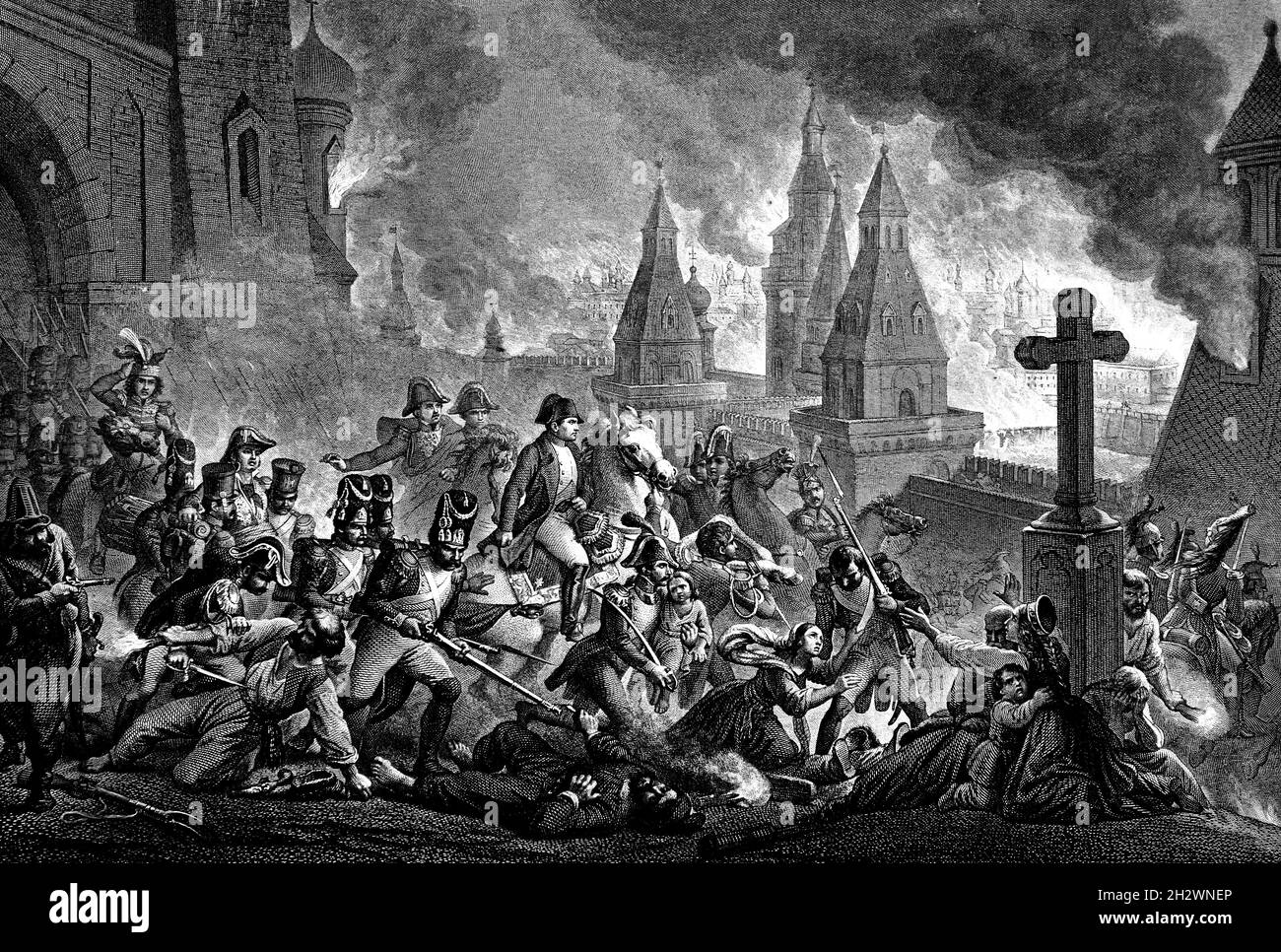 Durante l'occupazione francese di Mosca, il 1812 fuoco di Mosca persisteva dal 14 al 18 settembre 1812 e distrusse la città. Napoleone, Napoleone Bonaparte, (1769-1821), Napoleone i, imperatore francese, Francia. Foto Stock