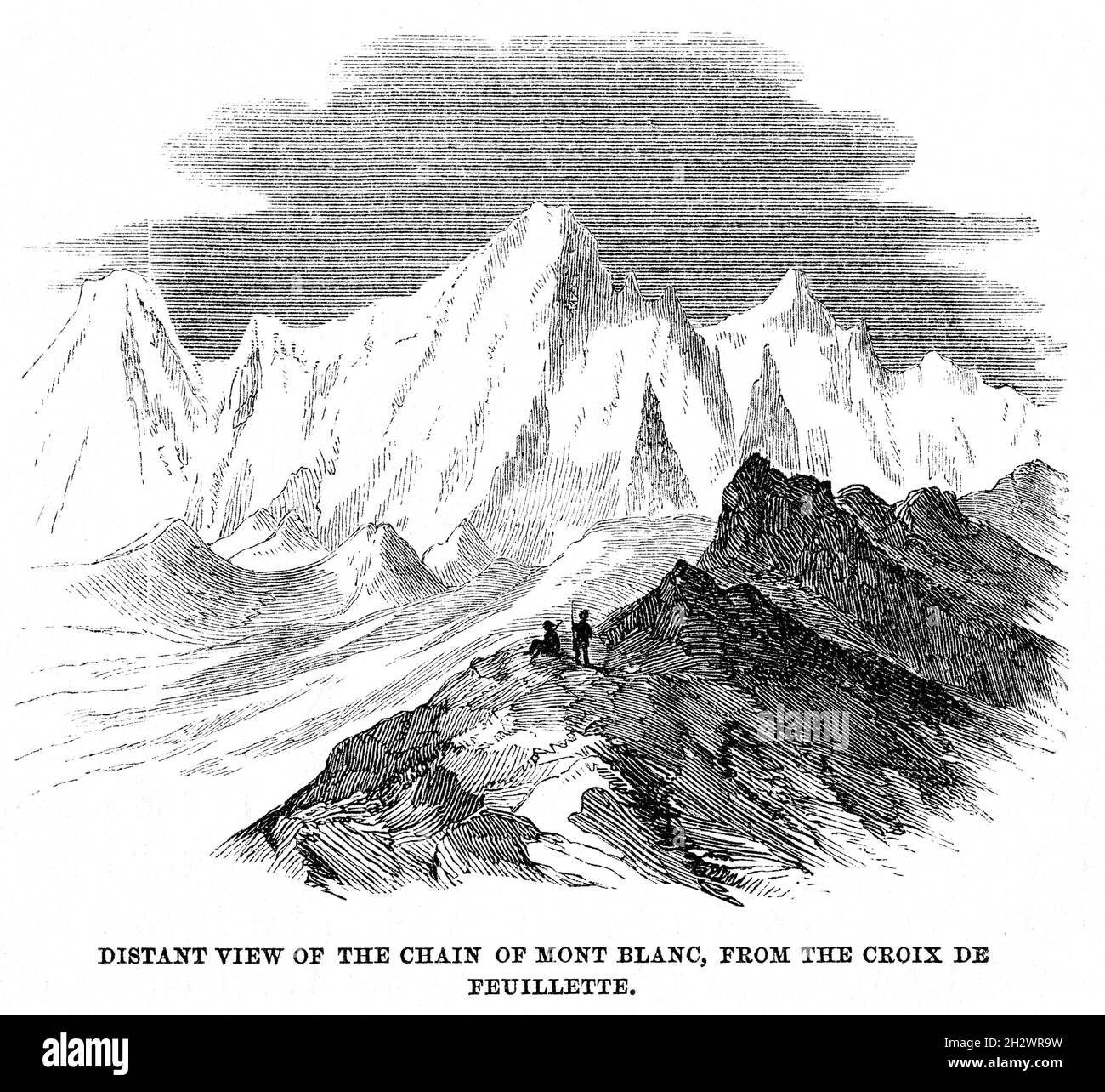 Un'illustrazione di legno del 1859 intitolata "veduta distante della catena del Monte Bianco, dalla Croix de Feuillette". Foto Stock