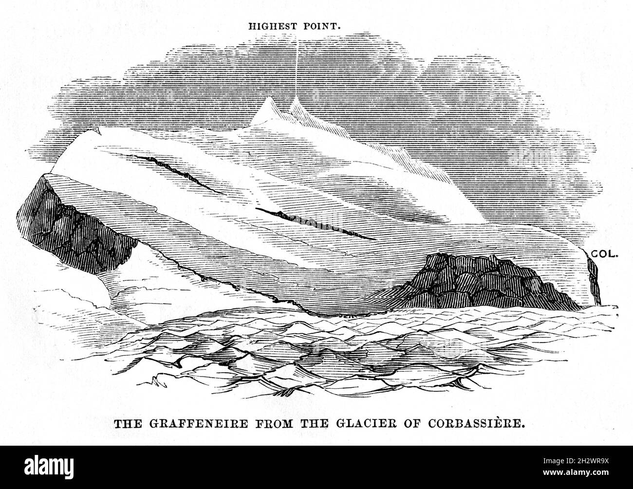Un'illustrazione di legno del 1859 intitolata "il Graffeneire dal Ghiacciaio di Corbassière". Il Ghiacciaio Corbassière è un ghiacciaio di valle del massiccio del Grand Combin nelle Alpi Pennine, nel Vallese sudoccidentale, in Svizzera. Foto Stock