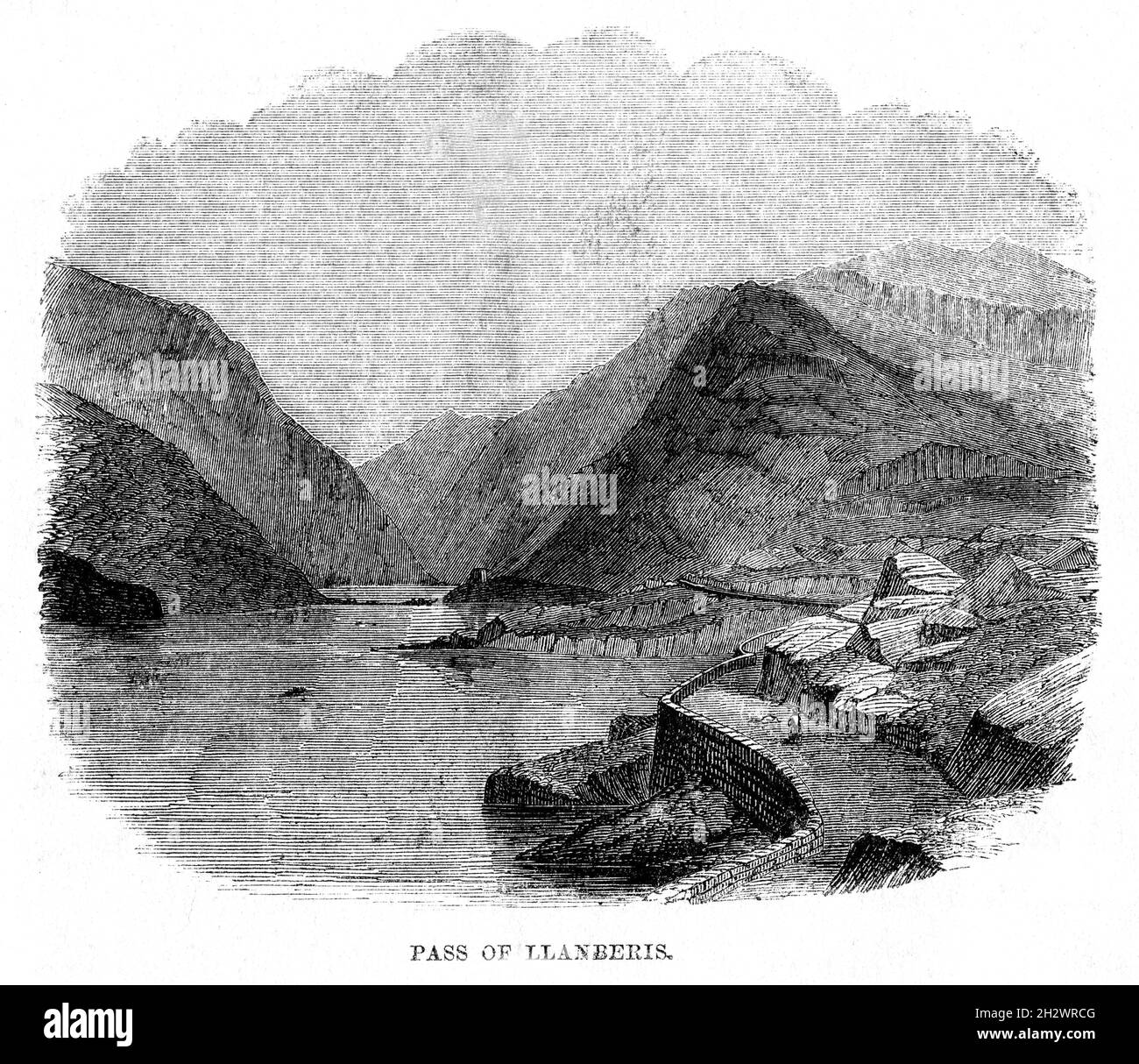 Un'illustrazione di legno del 1859 intitolata "Passo di Llanberis". Il Passo Llanberis a Snowdonia, Galles porta la strada da sud-est a Llanberis, sopra Pen-y-Pass, tra le catene montuose del Glyderau e del massiccio dello Snowdon. Foto Stock