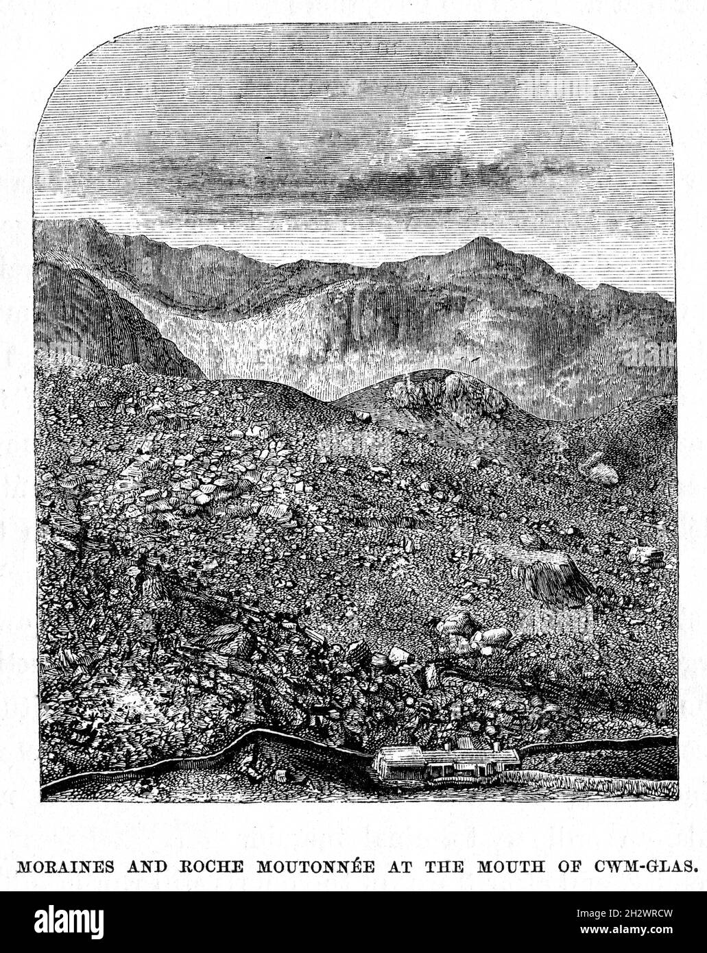 Un'illustrazione di legno del 1859 intitolata "Moraines e Roche Moutonnée alla bocca di CWM-Glas". Snowdonia, Galles. Foto Stock