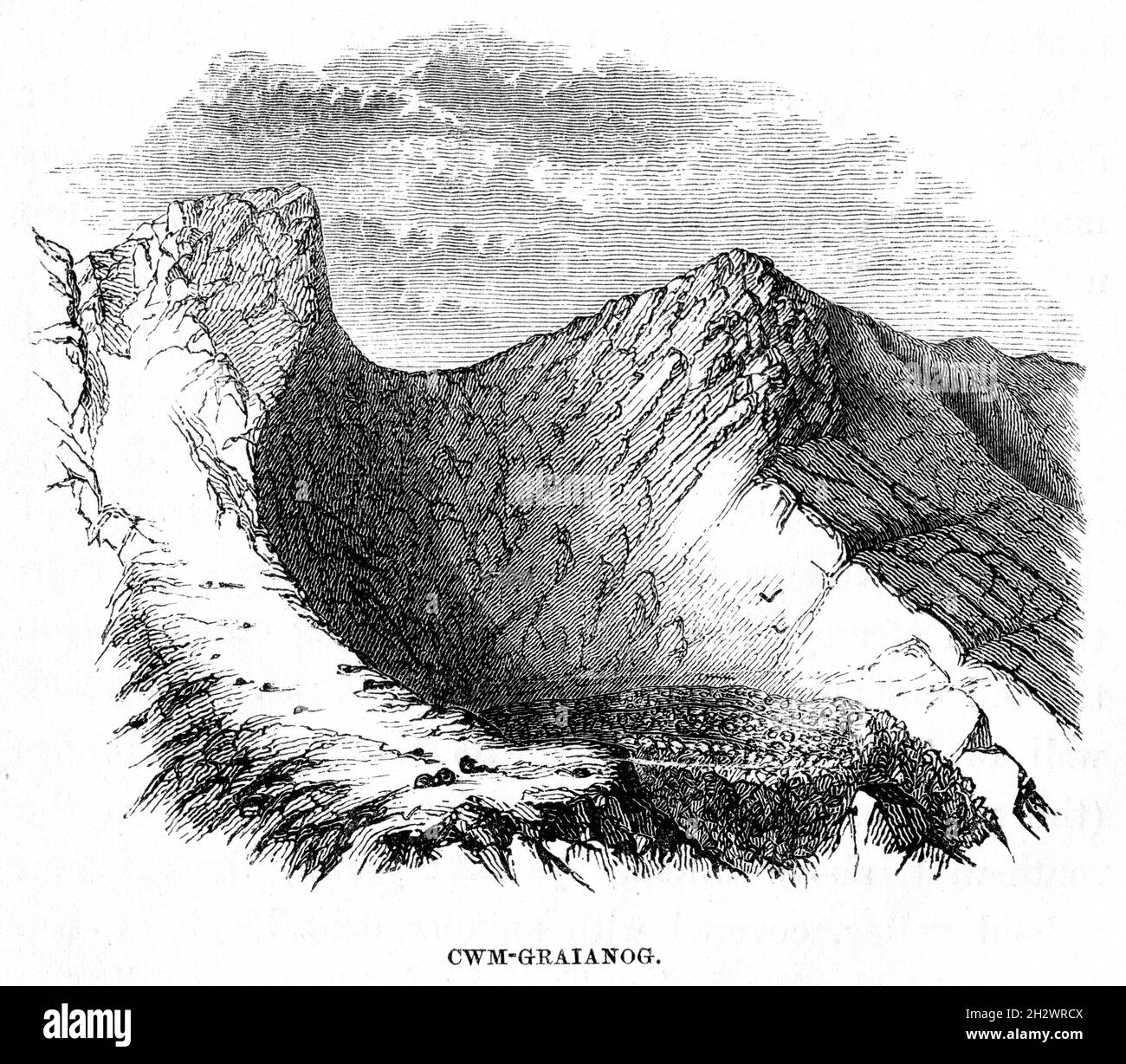 Un'illustrazione di legno del 1859 intitolata "CWM-Graianog". Snowdonia, Galles. Foto Stock