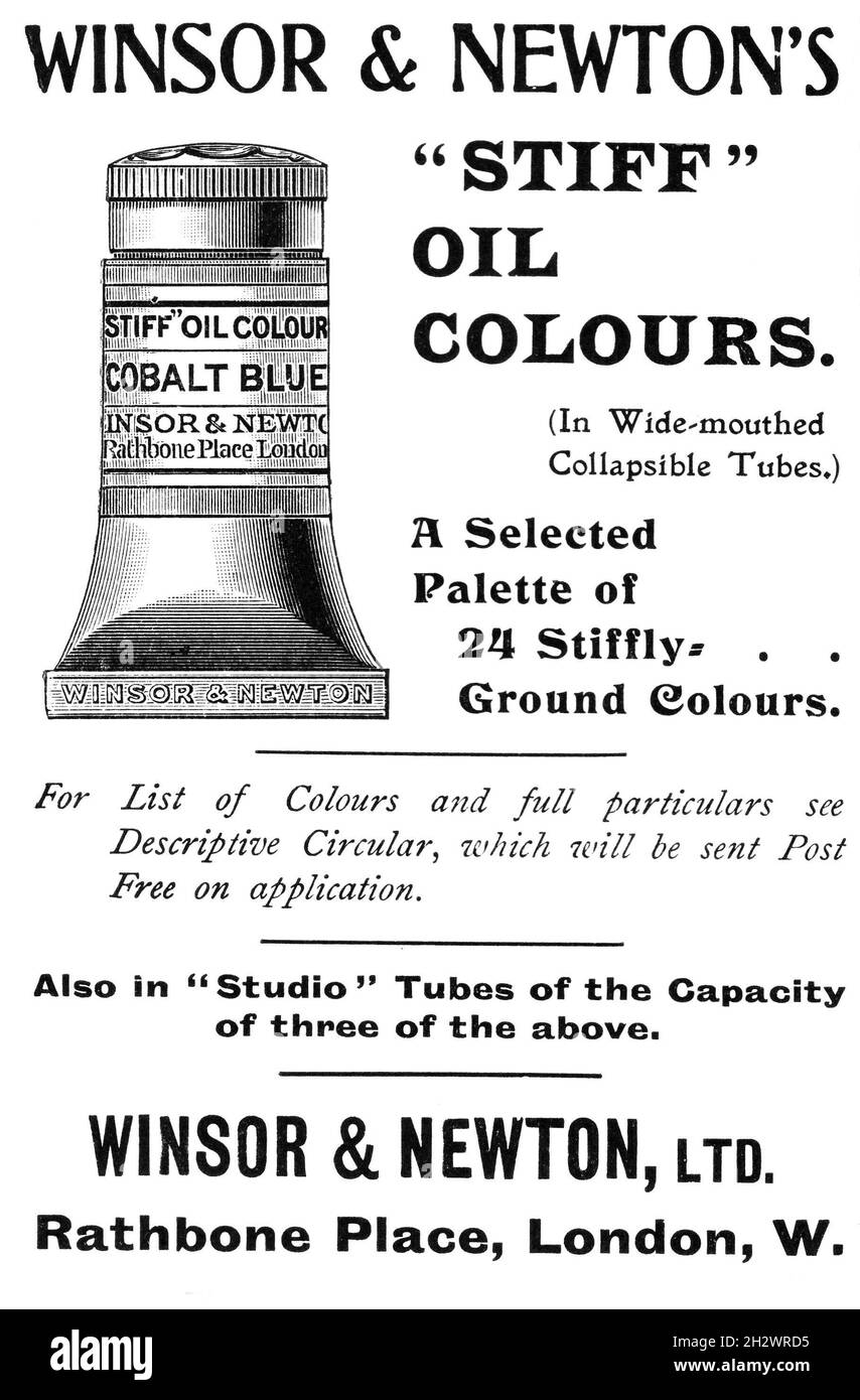 Un annuncio del 1902 che promuove la vernice “Stiff” Oil Colors” di Winsor & Newton “Una tavolozza selezionata di 23 colori a base rigida”. La sede della società era a Rathbone Place, Londra, W. Foto Stock