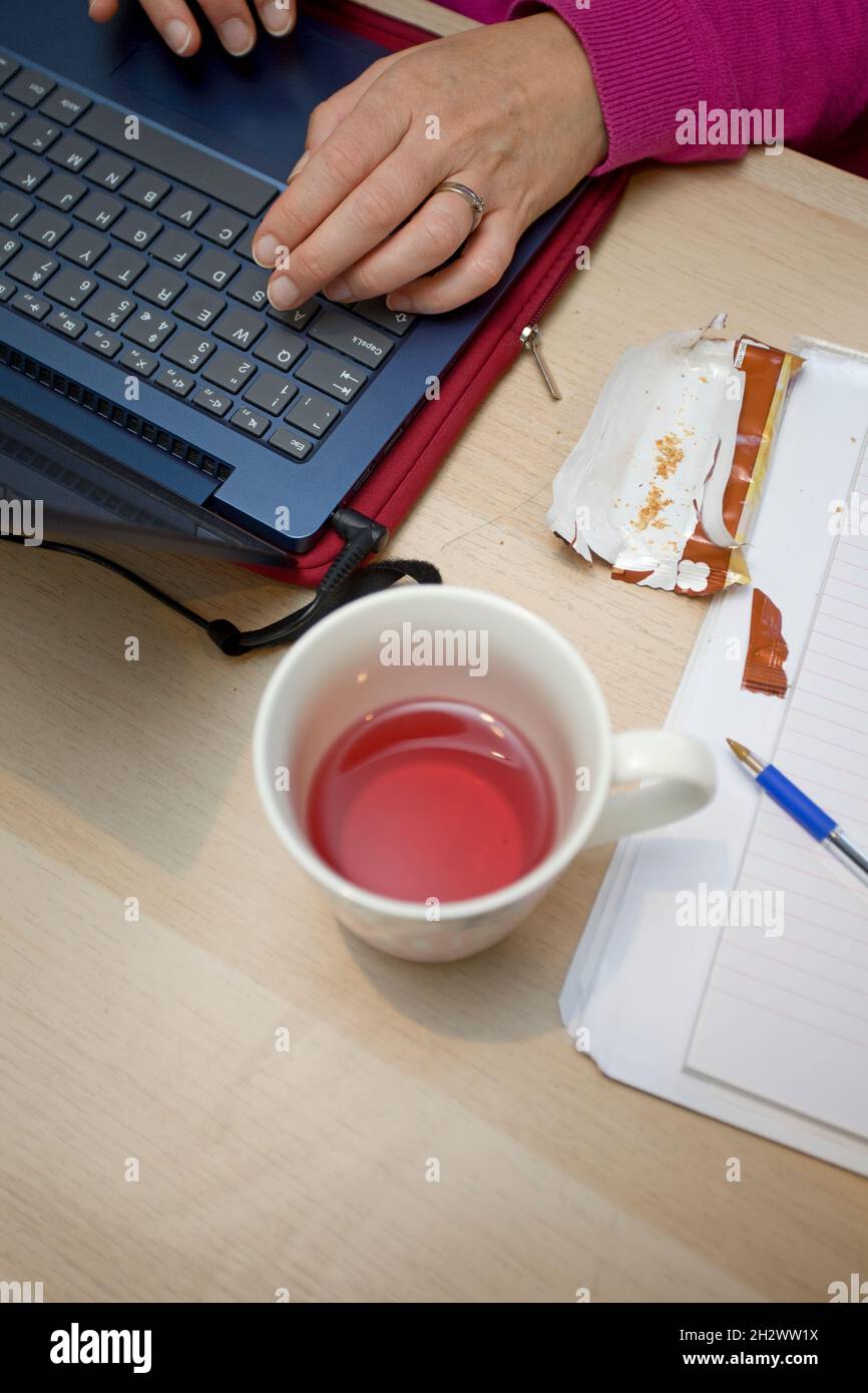 Mamma che lavora da casa con un drink e uno spuntino Foto Stock