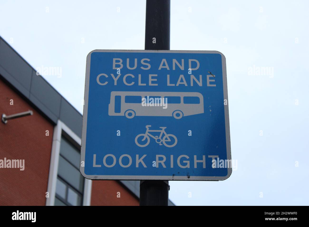 Autobus e pista ciclabile sembrano a destra segno con bus e silhouette ciclabile Foto Stock
