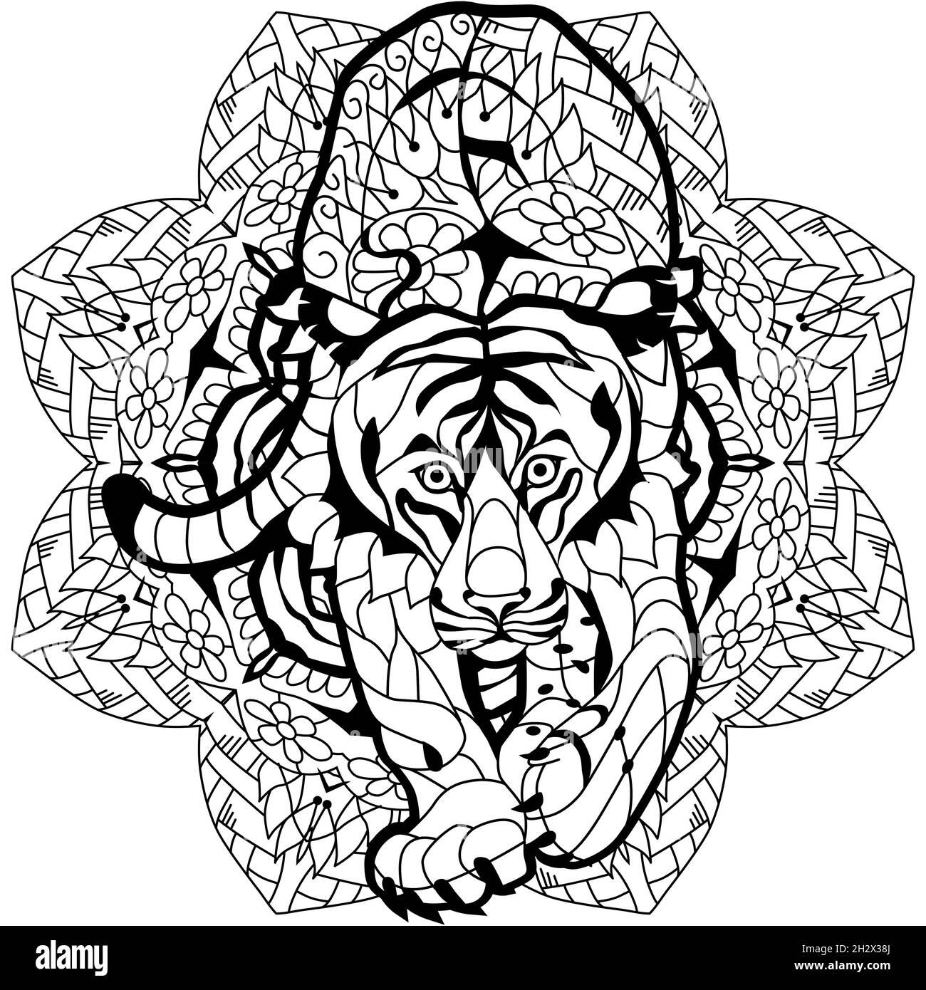 Zentangle Tiger con mandala per t-shirt design, per colorazione, tatuaggio e altre decorazioni Illustrazione Vettoriale