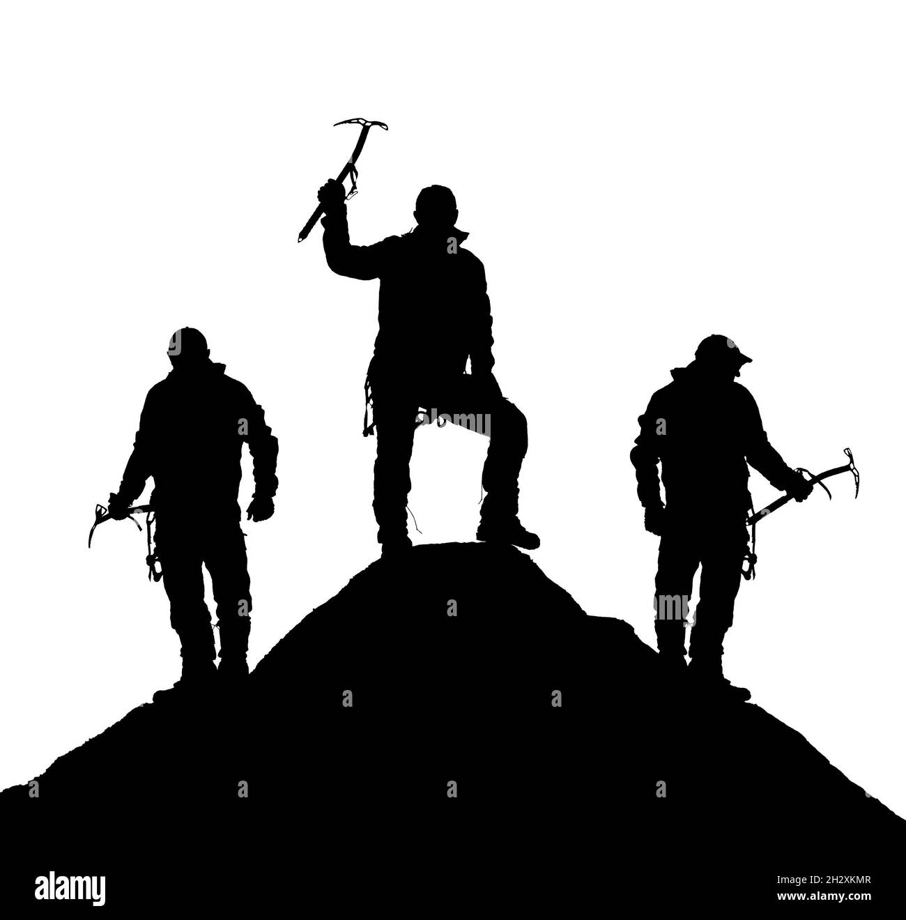 Silhouette nera di tre scalatori con ascia di ghiaccio in mano sulla silhouette del Monte Dhaulagiri su sfondo bianco, illustrazione Foto Stock