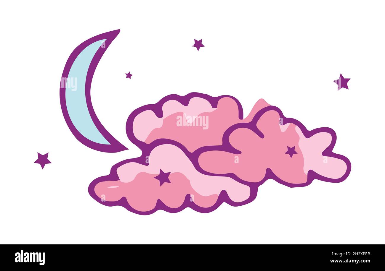 Illustrazione vettoriale di nuvole rosa e luna blu con stelle di borgogna. Illustrazione Vettoriale